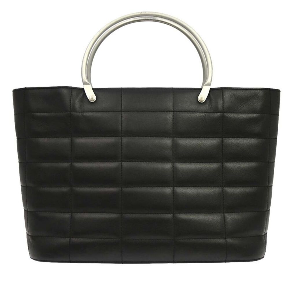 Chanel Vintage Chocolate Bar Tote Quilted Leather Black Leather Tote Bag Bag